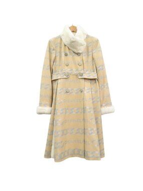 Chanel Fur-Lined Logo Chain-Patterned Long Coat Silk Wool Beige 1355